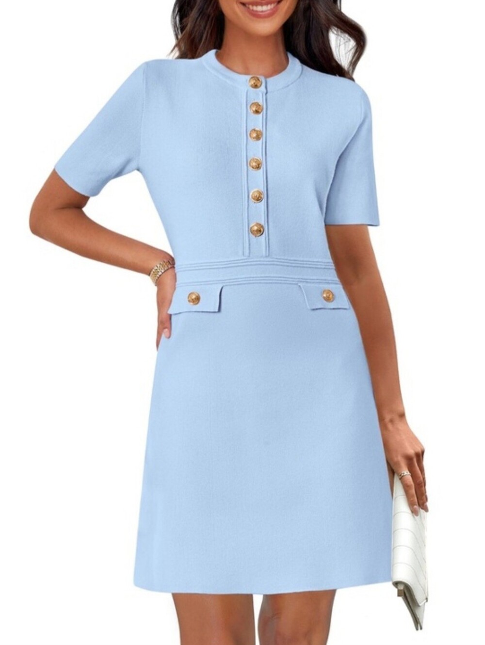 Merokeetty Classic Short-Sleeve Light Blue Dress with Gold Buttons
